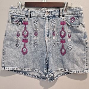 Embroidered Denim Shorts with Pink Accents